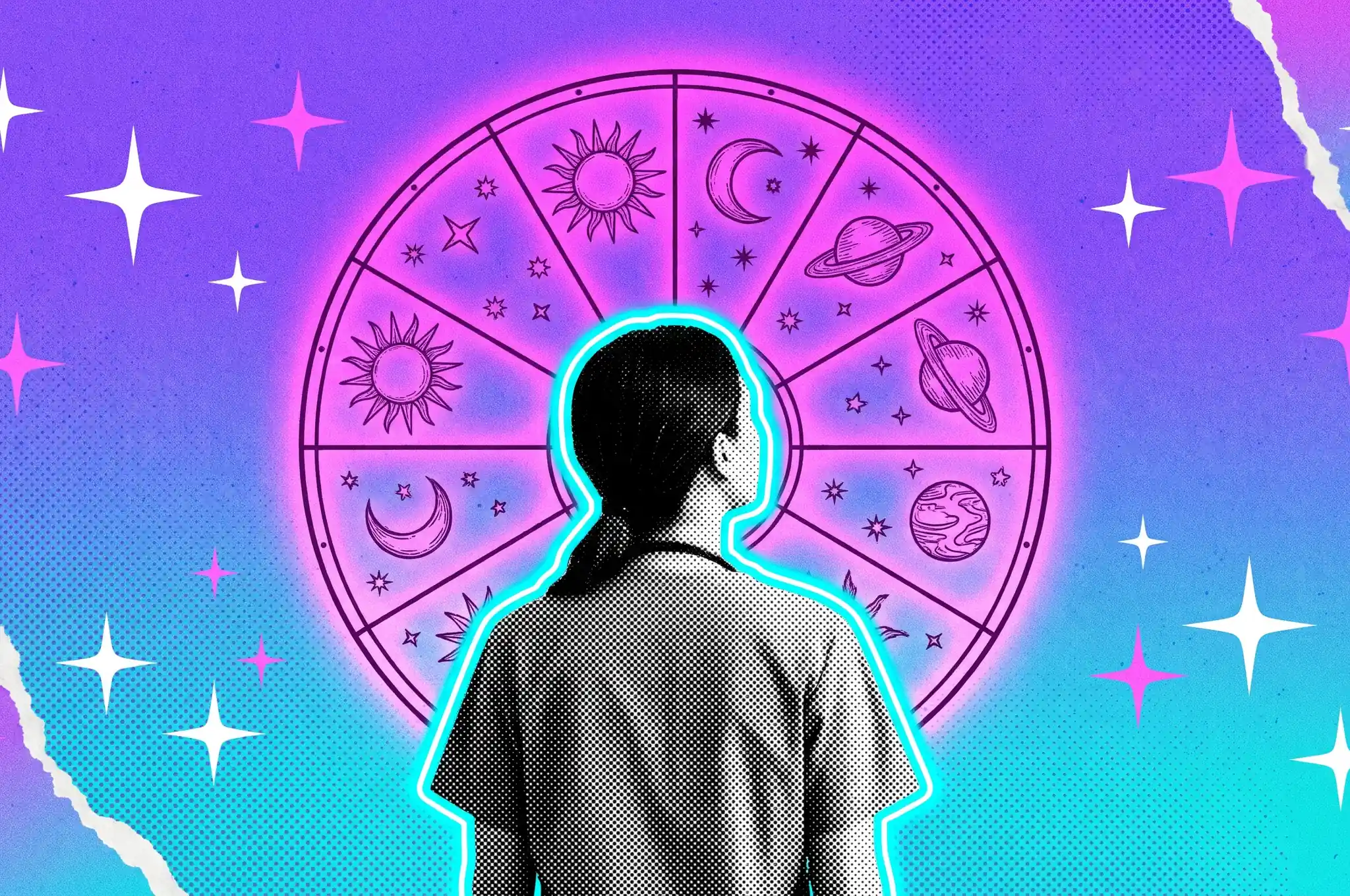 Ilustración collage de una enfermera de espaldas frente a una gran rueda celeste iluminada en magenta: calcula tu año personal 2027