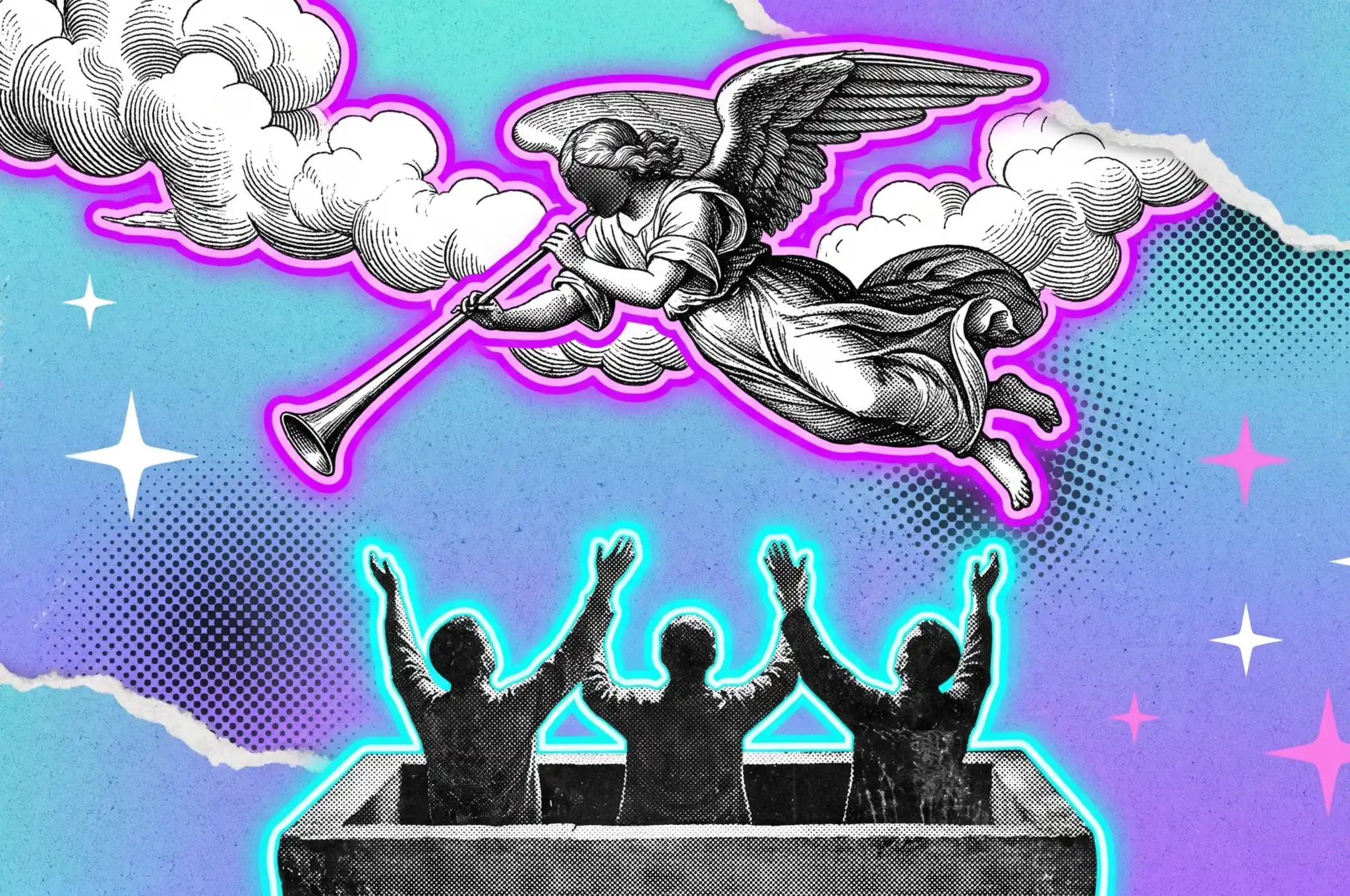 Arcano 20, El Juicio Ilustración collage de un ángel grabado que toca la trompeta entre nubes, con contorno de neón magenta, y tres personas de espaldas que se levantan de una tumba de piedra con los brazos en alto: el arcano 20, El Juicio