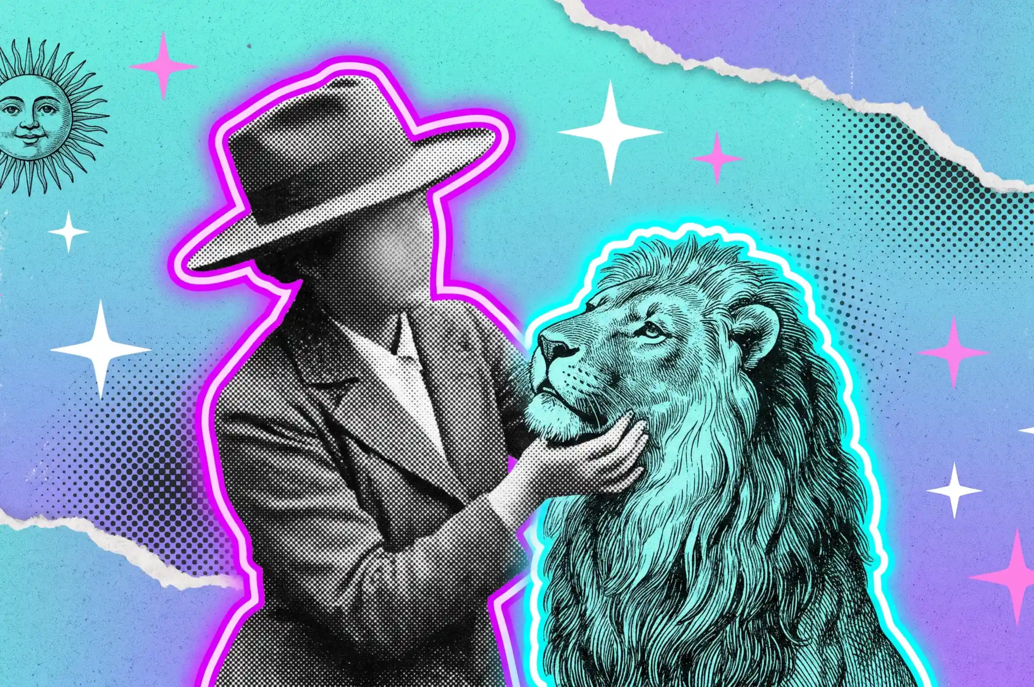 Ilustración collage de una mujer con sombrero de ala ancha que sostiene con calma la cabeza de un león de grabado antiguo: La Fuerza, el arcano que rige 2027