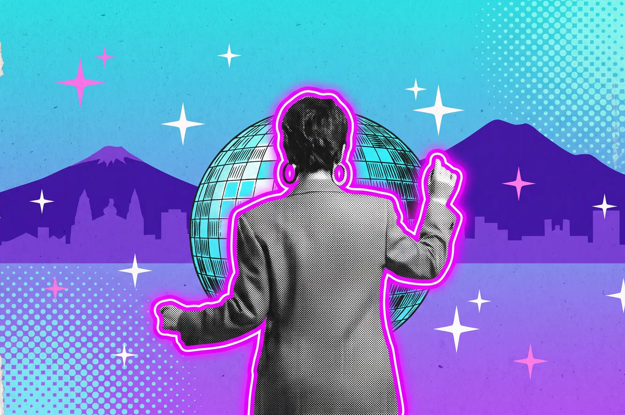Ilustración collage de una mujer bailando de espaldas frente a una bola de discoteca y el perfil de Quito, portada de la guía de bares retro en Quito