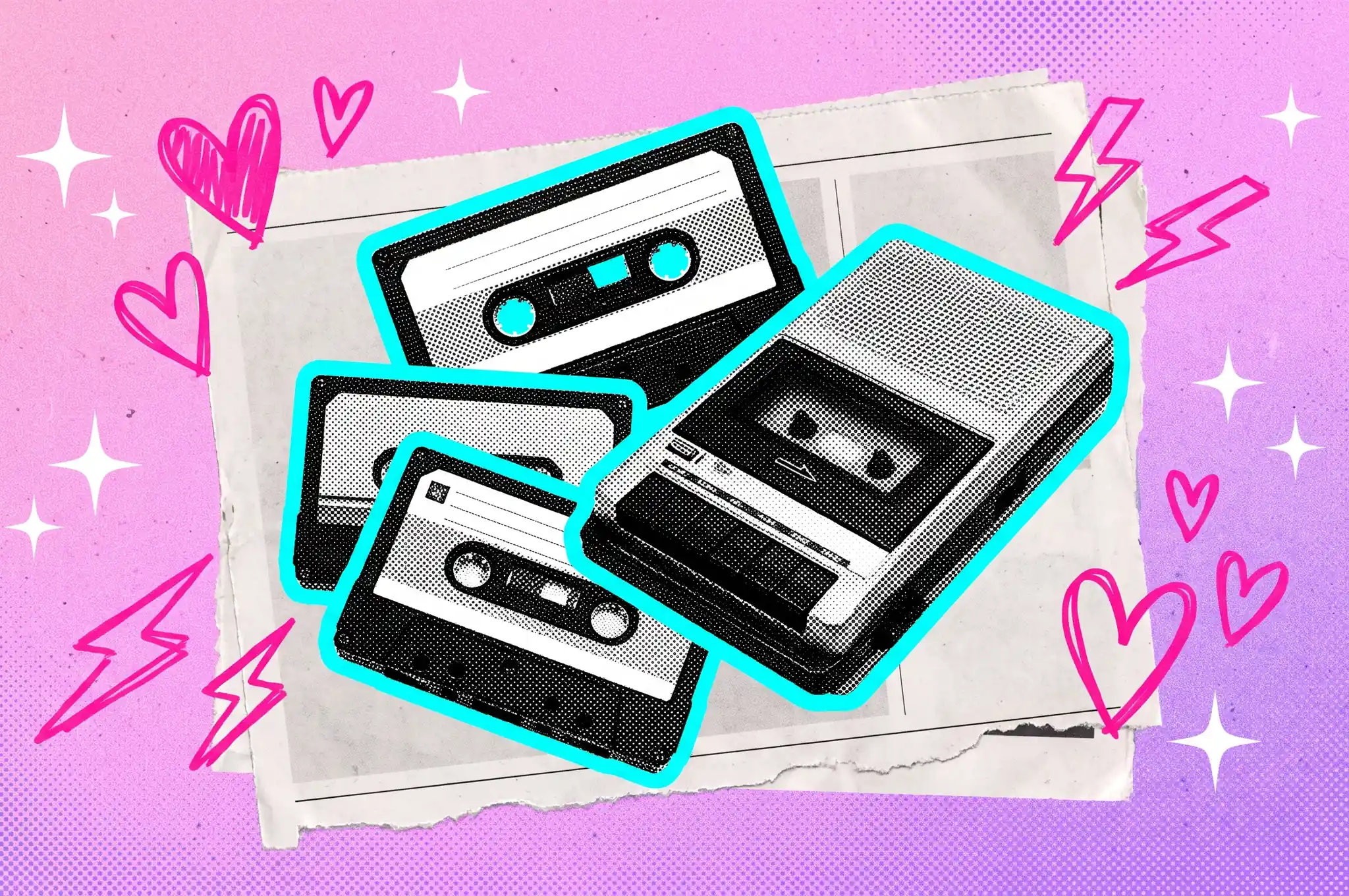 Collage de casetes y una grabadora de los años 80 con contornos de neón y corazones dibujados a mano