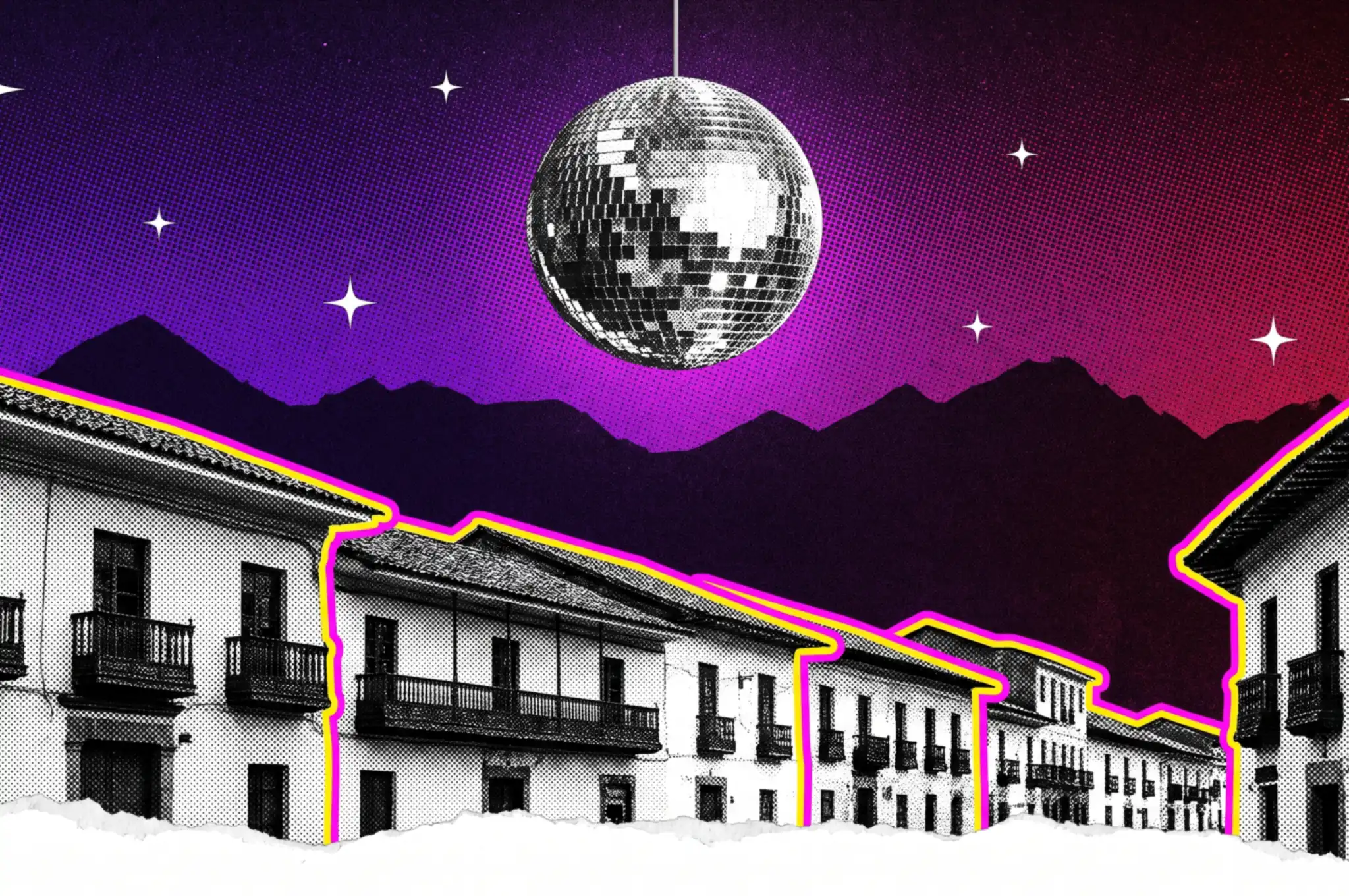 Ilustración de una calle de casas antiguas de Quito de noche con una bola de discoteca sobre las montañas
