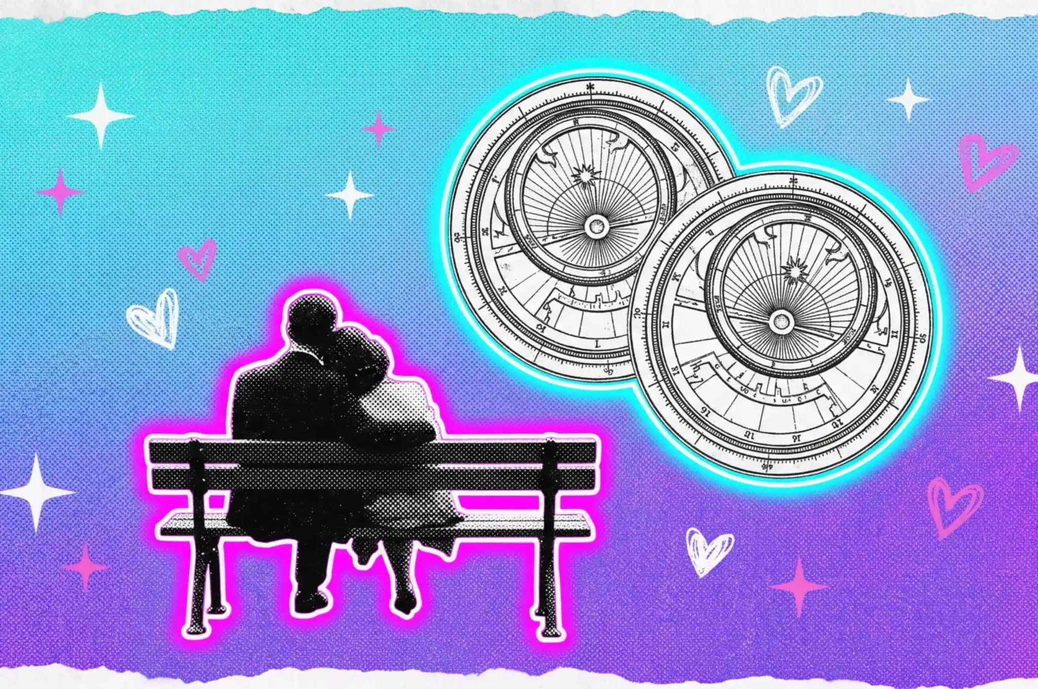 Ilustración collage de una pareja de espaldas sentada en un banco, en blanco y negro con contorno de neón magenta, frente a dos astrolabios antiguos que se superponen: la compatibilidad de año personal