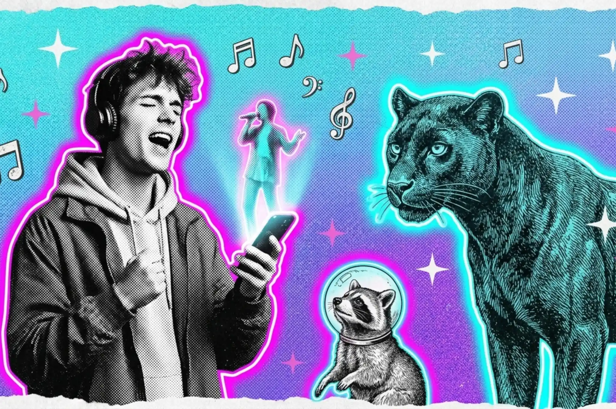 Ilustración collage de un joven con audífonos que canta frente a su celular, del que sale una cantante en holograma, junto a un mapache con casco espacial y una pantera negra