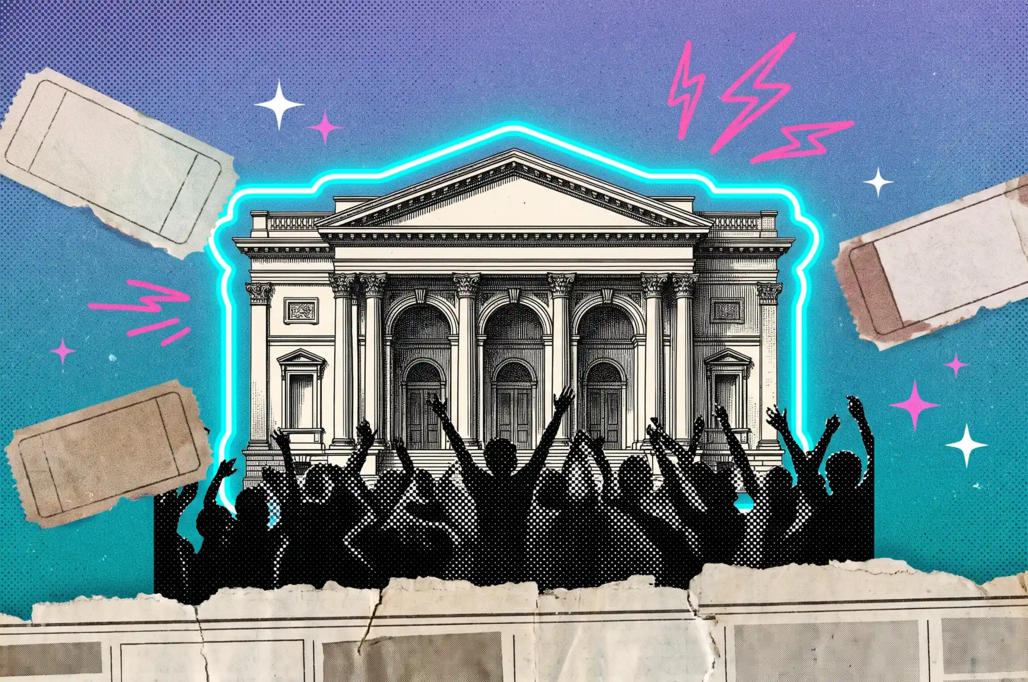 Ilustración collage de la fachada de un teatro con contorno de neón, público con los brazos en alto y boletos de papel, portada de la agenda de eventos en Quito hoy