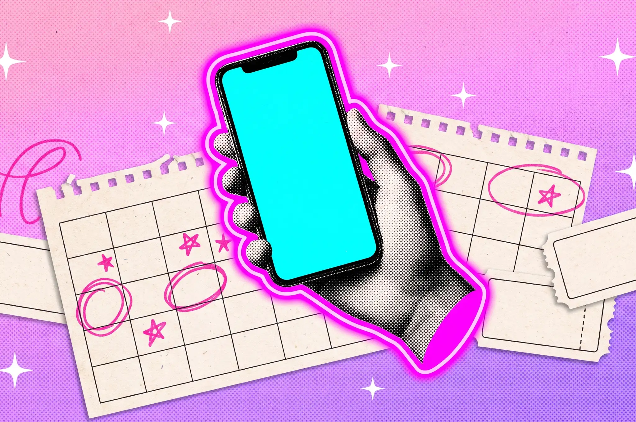 Collage de una mano con un celular sobre hojas de calendario marcadas con círculos y estrellas, para planificar eventos en Quito