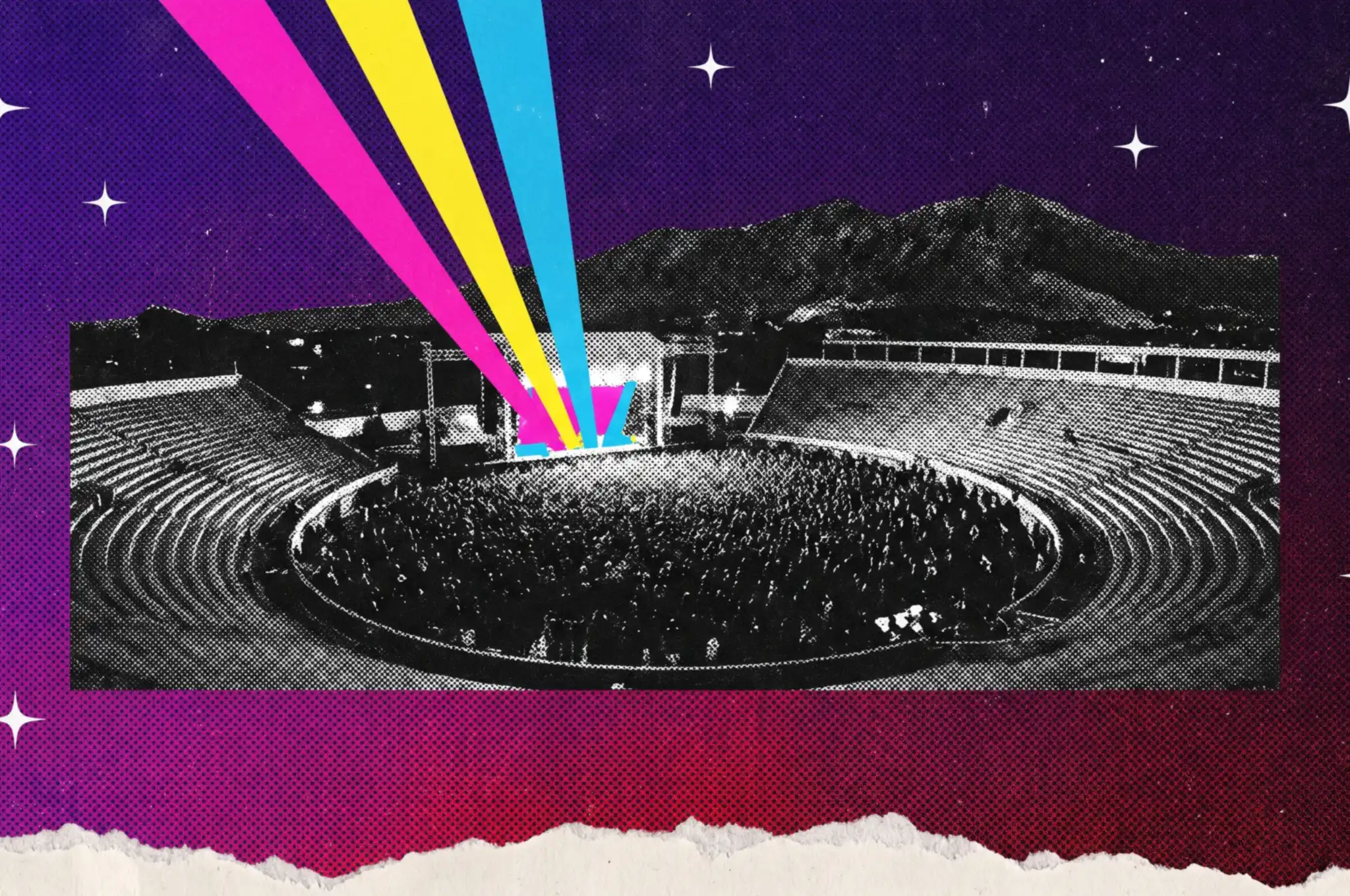 Ilustración de un concierto nocturno en una plaza circular con graderíos y haces de luz de colores frente a las montañas