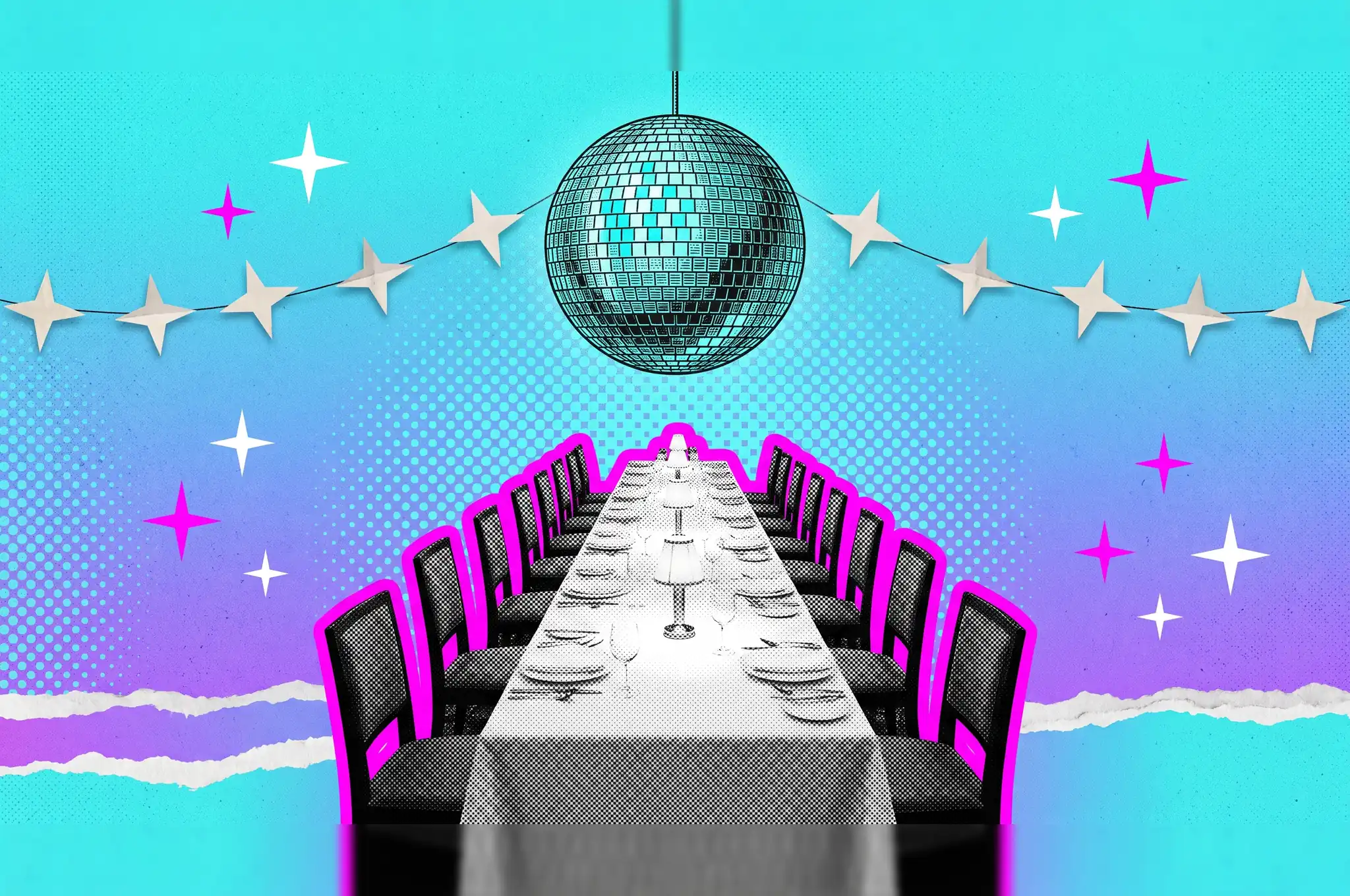 Fiesta de fin de año de empresa en Quito Ilustración collage de una larga mesa de banquete con contorno de neón bajo una bola de discoteca y una guirnalda de estrellas, portada de la guía de fiesta de fin de año de empresa en Quito