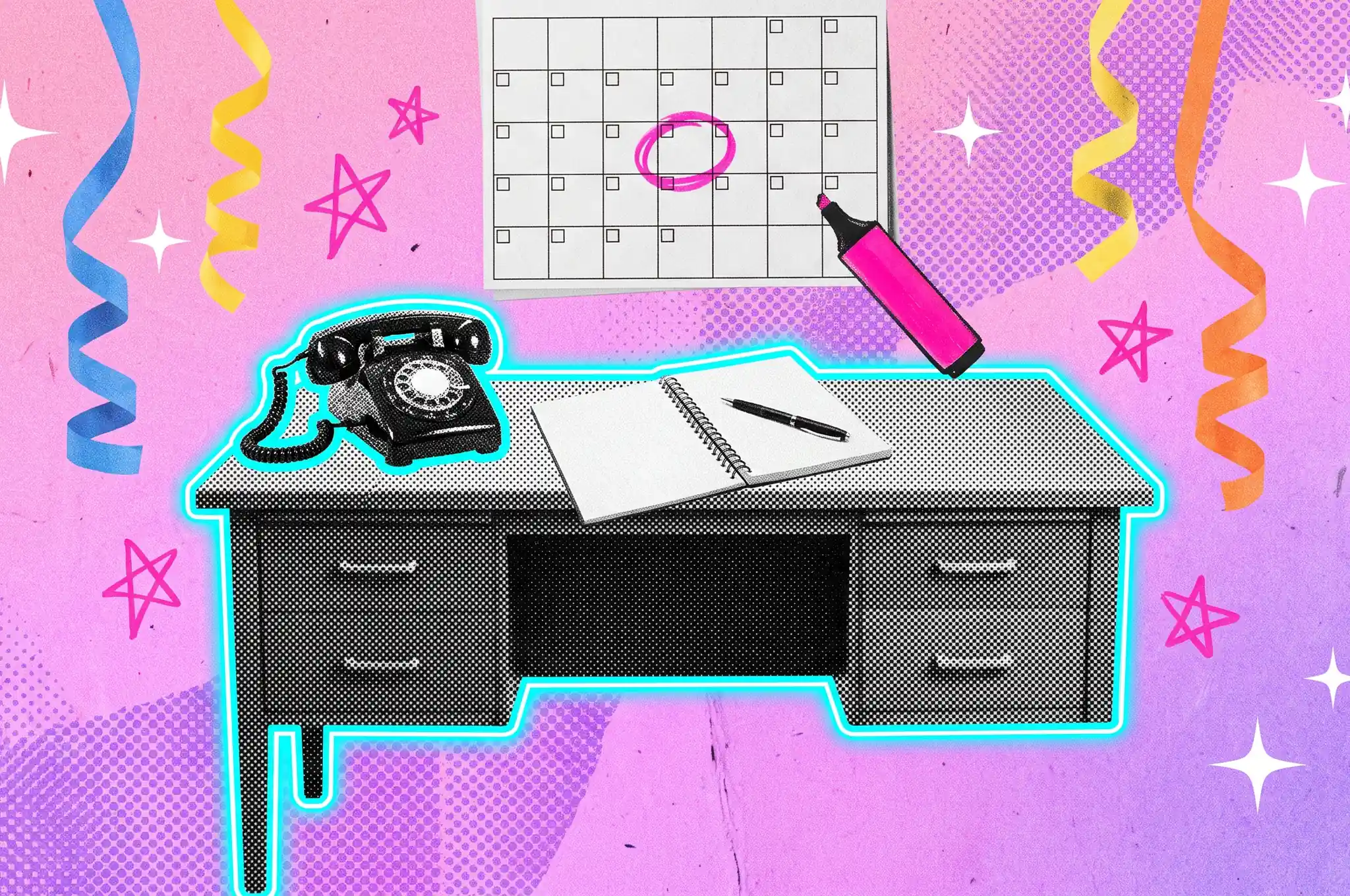 Collage de un escritorio de oficina con teléfono de disco, cuaderno y un calendario con una fecha marcada en rosa, para planificar la fiesta de fin de año de la empresa