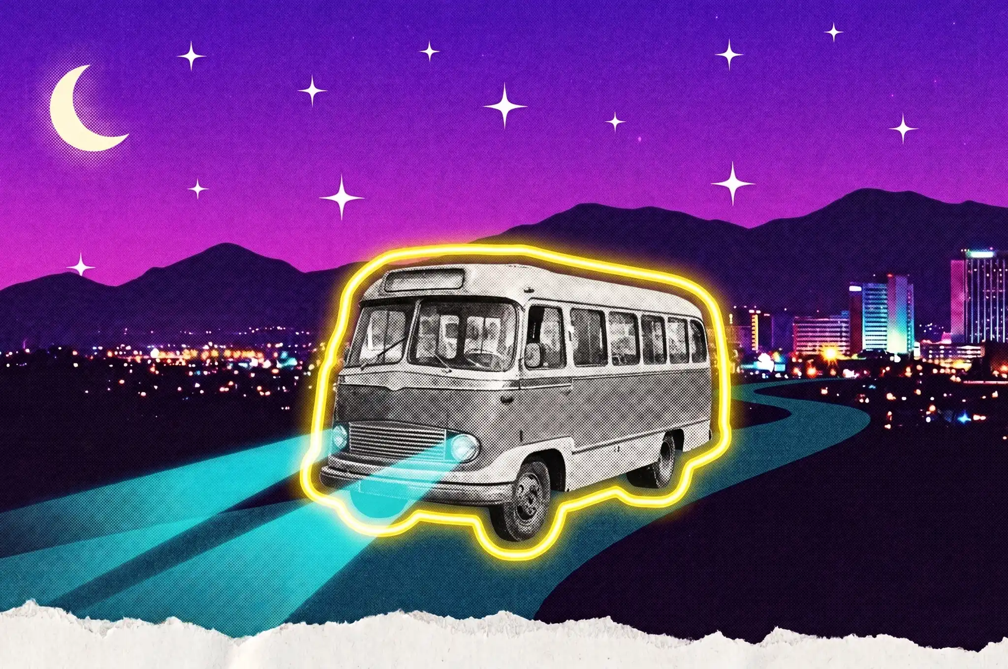 Ilustración de un bus antiguo con contorno de neón amarillo que recorre de noche una carretera andina hacia la ciudad iluminada