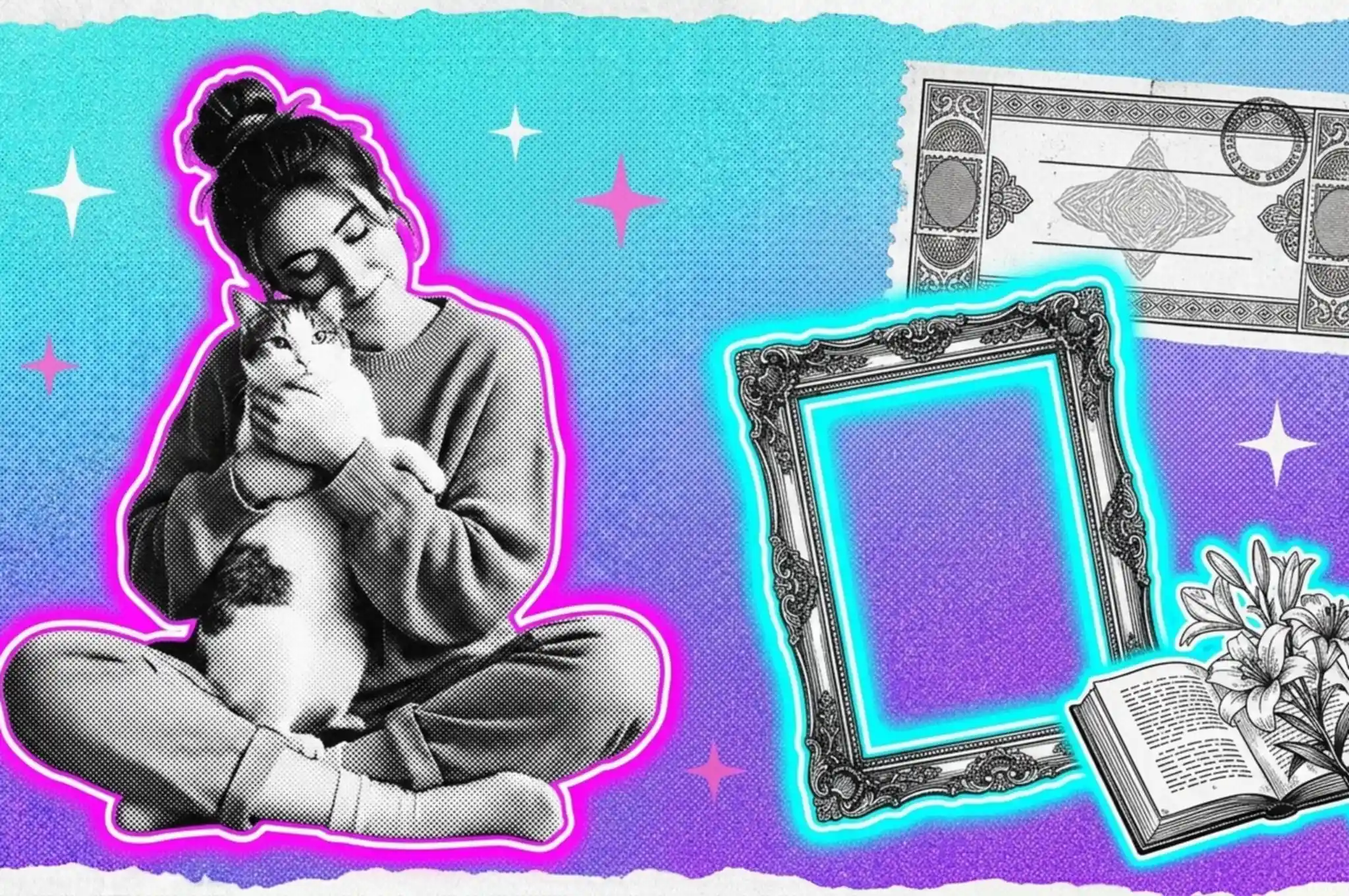 Formas de querer: cinco columnas sobre el amor y la compañía Ilustración collage de una mujer sentada que abraza a una gata, junto a un marco de museo vacío, un boleto de tren antiguo y un libro de poemas con lirios