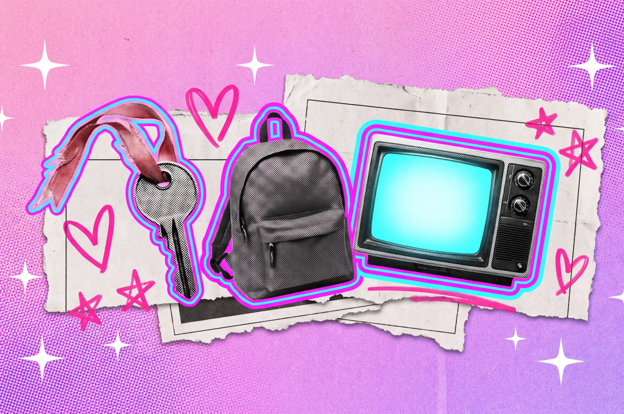 Collage de una llave colgada de una cinta roja, una mochila escolar y un televisor de los 80, símbolos de la infancia de la generación X
