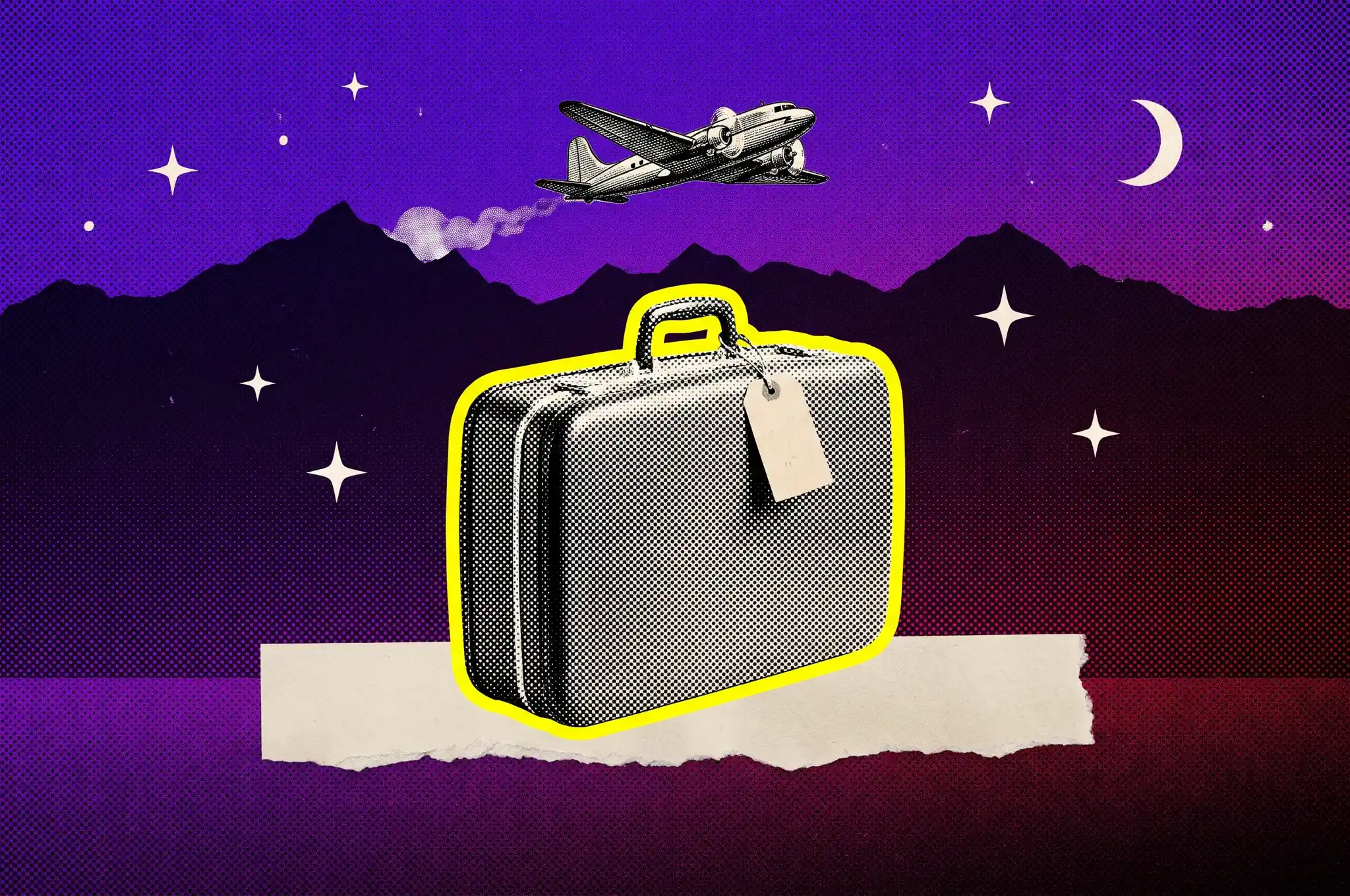 Ilustración de una maleta antigua con etiqueta en blanco y un avión que se aleja sobre las montañas andinas de noche