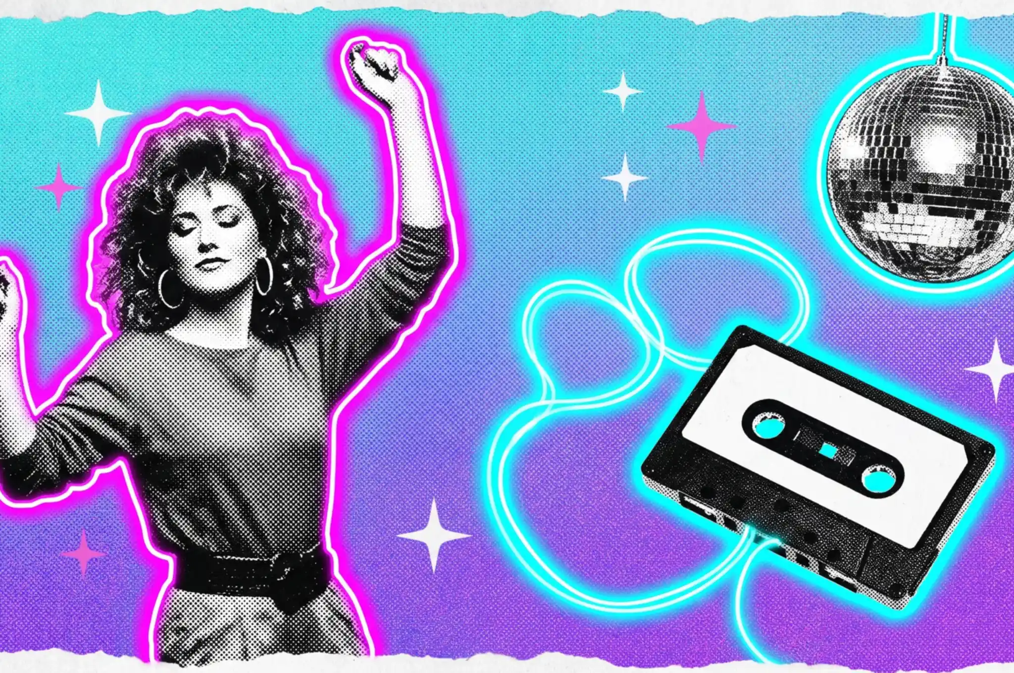 Música de los 80 y 90 en español Ilustración collage de una mujer de los ochenta con el pelo rizado y aretes de aro que baila con los ojos cerrados, en blanco y negro con contorno de neón magenta, junto a un casete con la cinta en neón cian y una bola de espejos: la música de los 80 y 90 en español