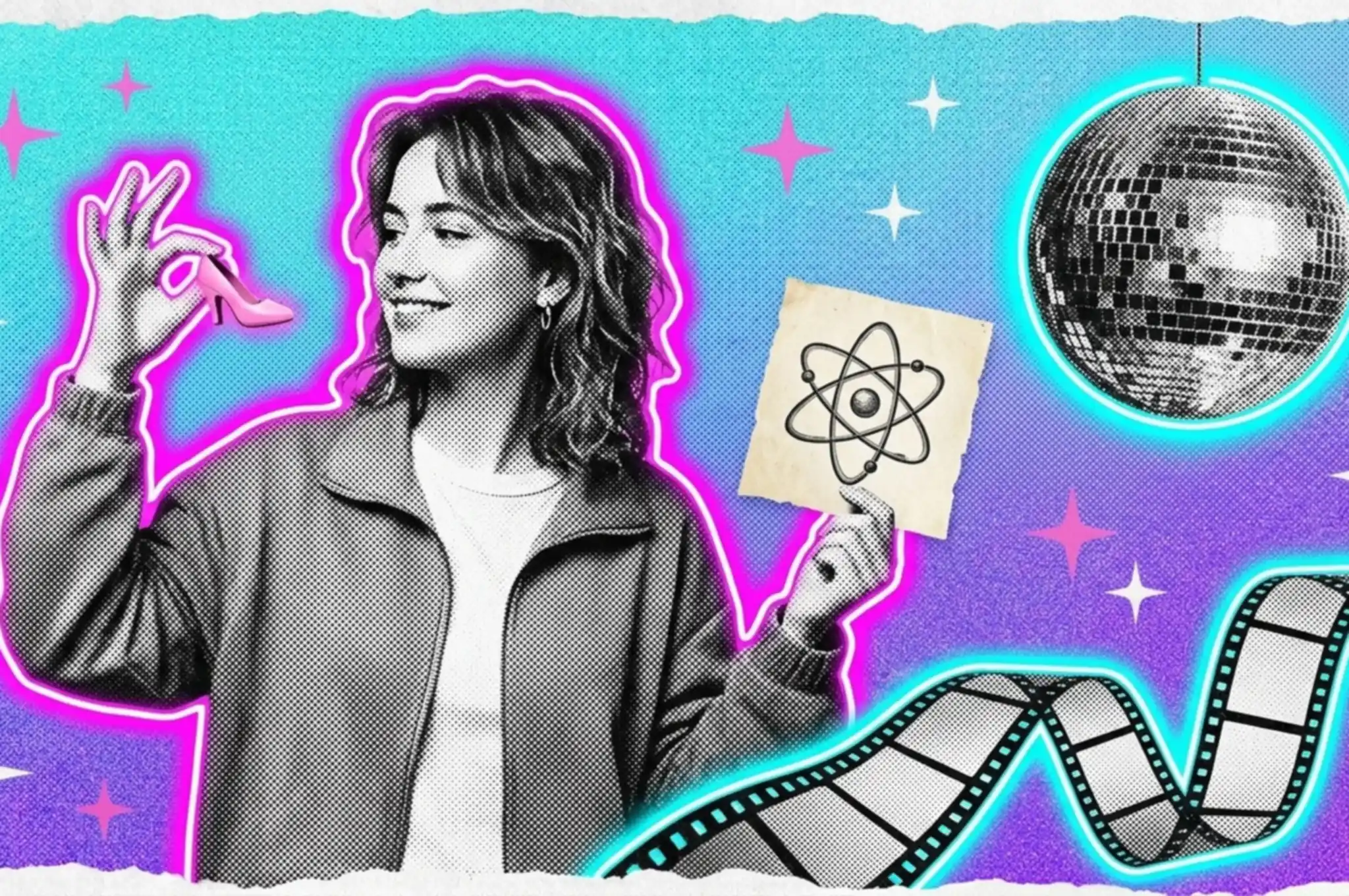 Ilustración collage de una mujer joven que sostiene un zapato rosado de muñeca y una tarjeta con un átomo, junto a una bola de discoteca y una cinta de película