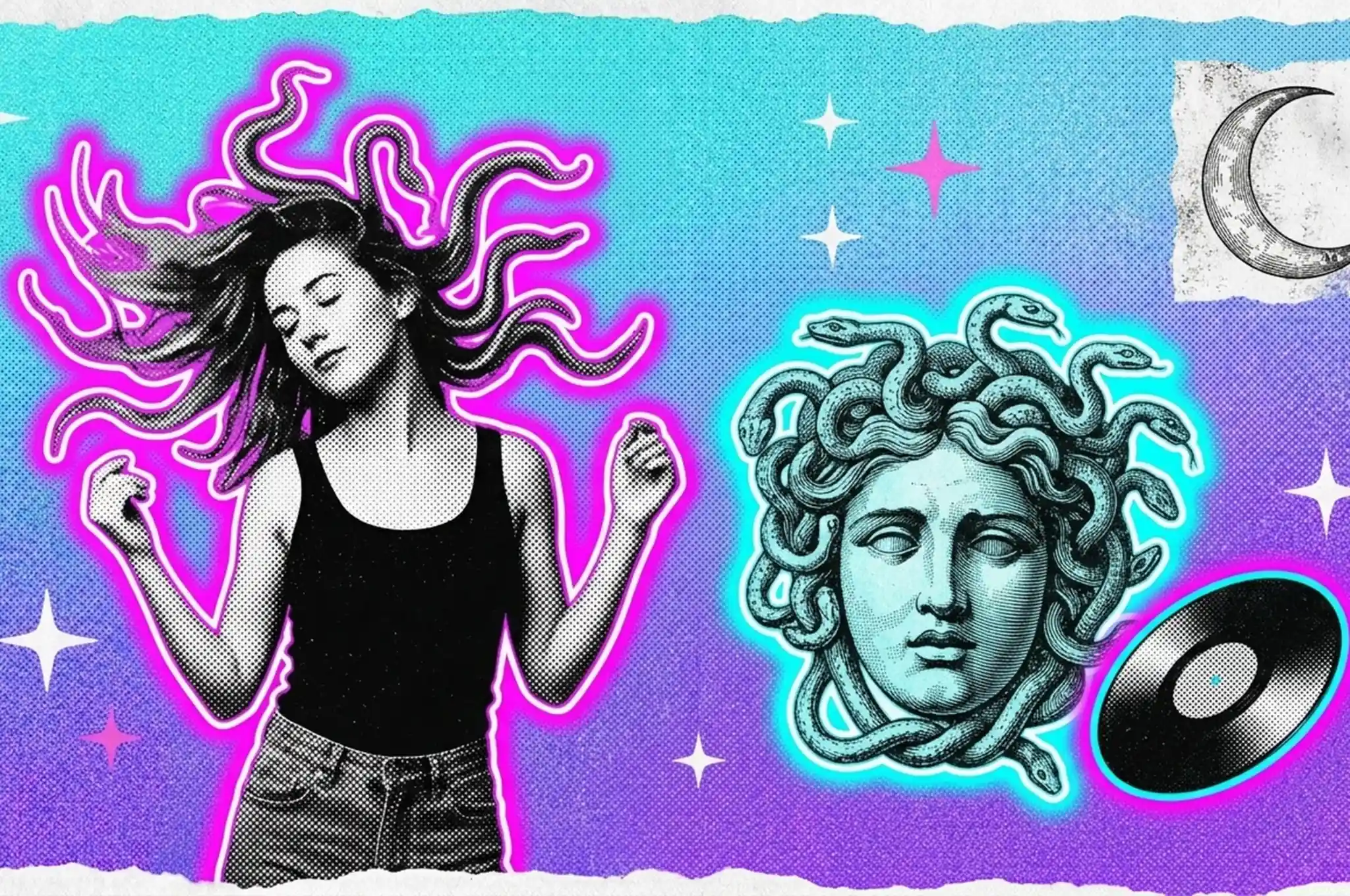 Ilustración collage de una mujer que baila con los ojos cerrados y el cabello en forma de serpientes, junto a una cabeza de Medusa, un disco de vinilo y una luna en cuarto