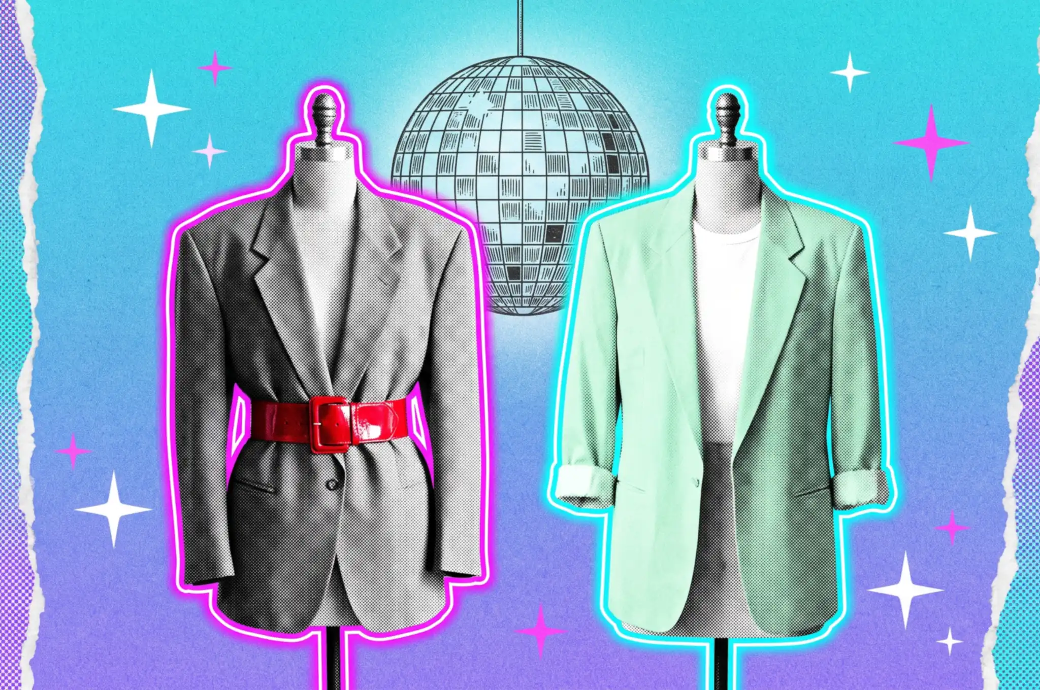 Ilustración collage de dos maniquíes con un blazer gris de hombreras y correa roja y un saco verde pastel, portada de la guía de vestimenta de los 80
