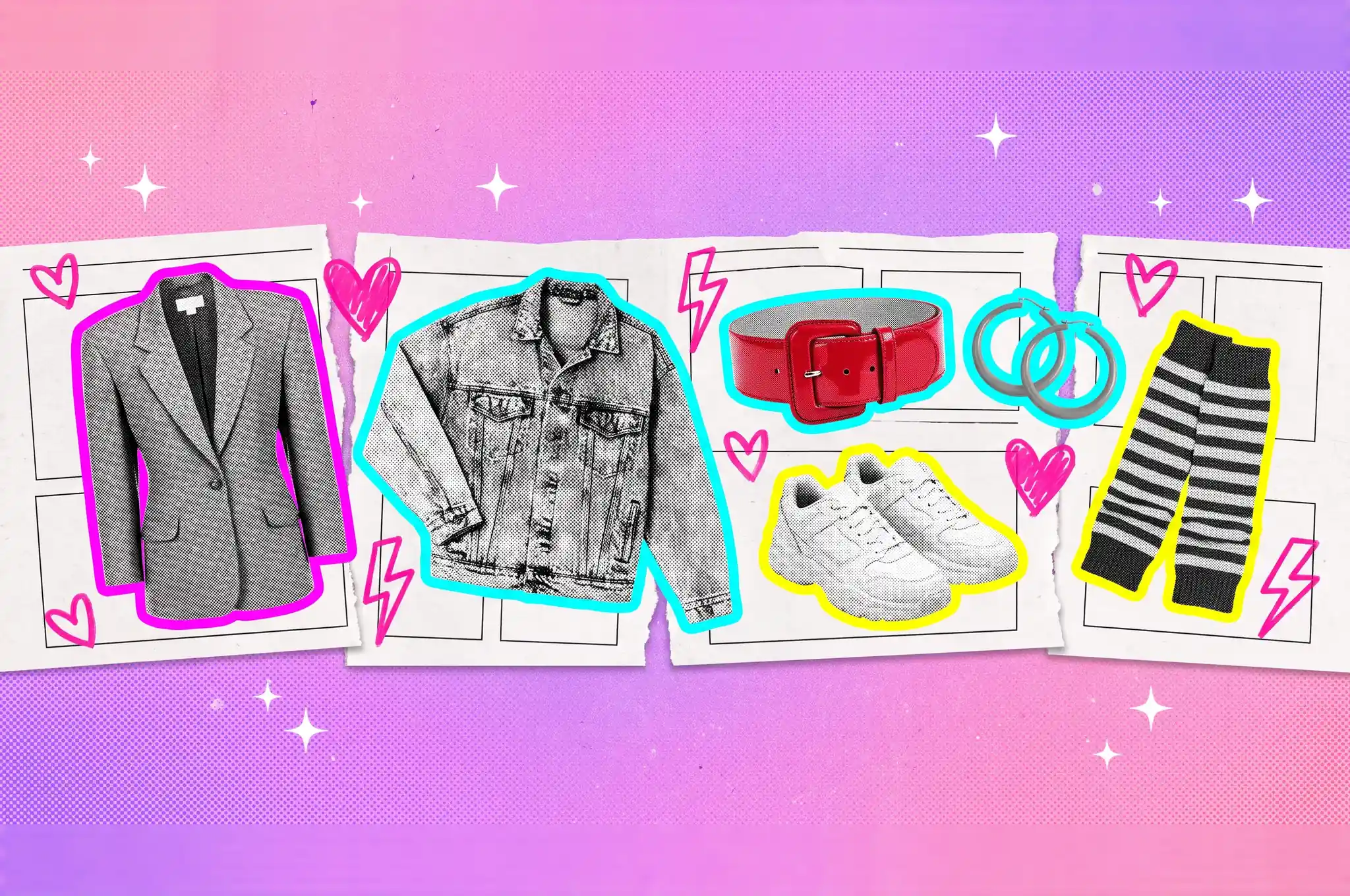 Collage de ropa de los 80: blazer con hombreras, chompa de jean nevado, correa roja de charol, aretes de aro, zapatos deportivos blancos y calentadores de rayas