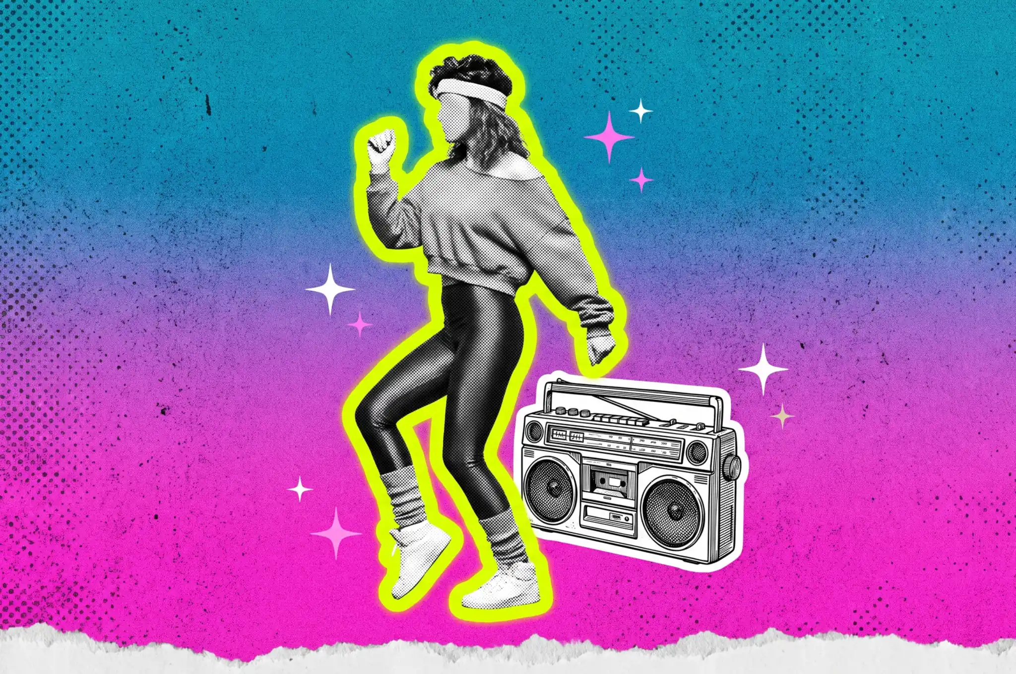 Ilustración de una mujer bailando con sudadera caída del hombro, mallas brillantes, calentadores y vincha junto a una grabadora de los 80