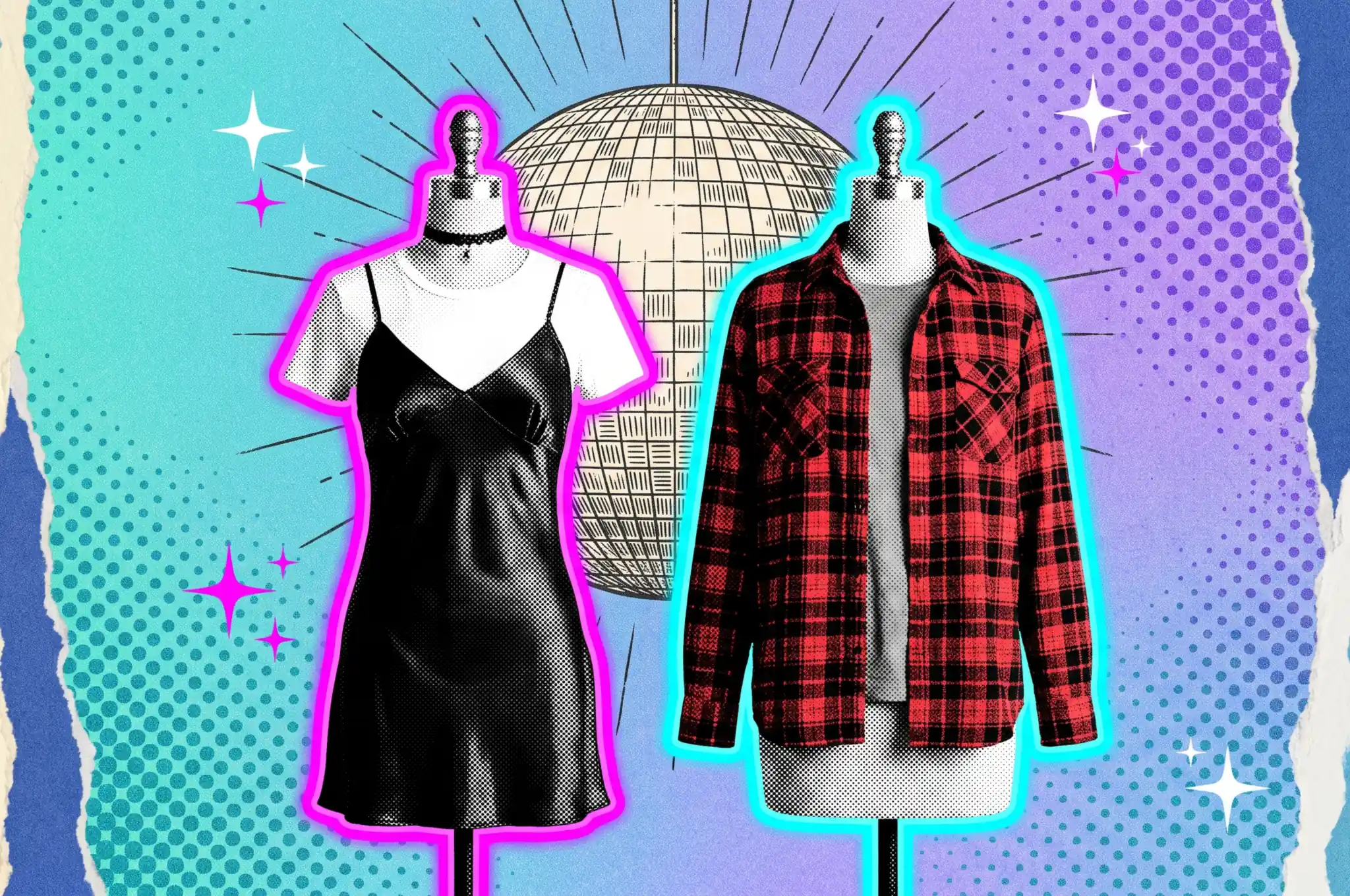 Ilustración collage de dos maniquíes con un vestido lencero negro sobre camiseta blanca y una camisa de franela a cuadros, portada de la guía de vestimenta de los 90