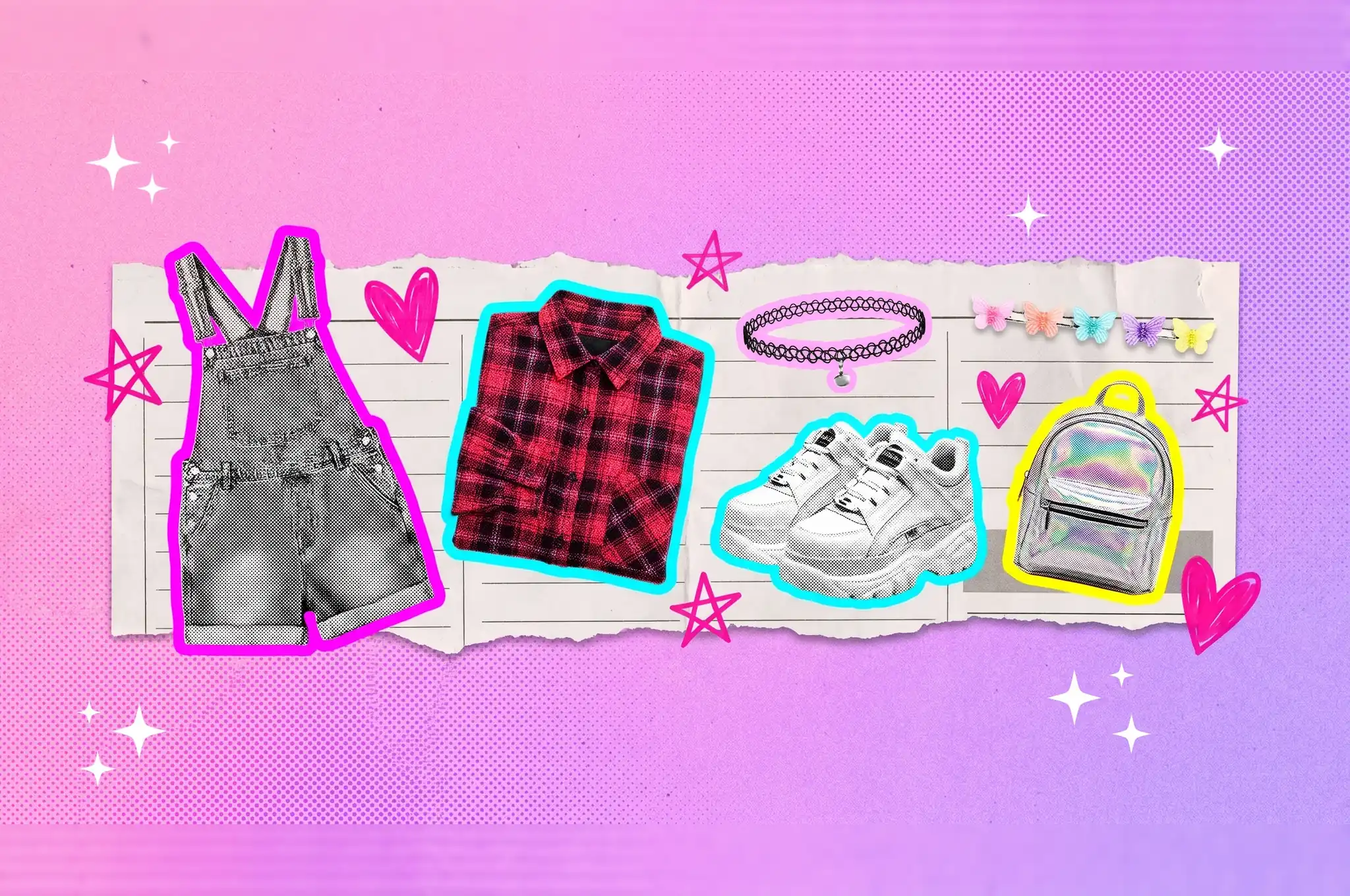 Collage de ropa de los 90: overol de jean, camisa de franela, zapatos deportivos de plataforma, choker, pinzas de mariposa y mochila mini