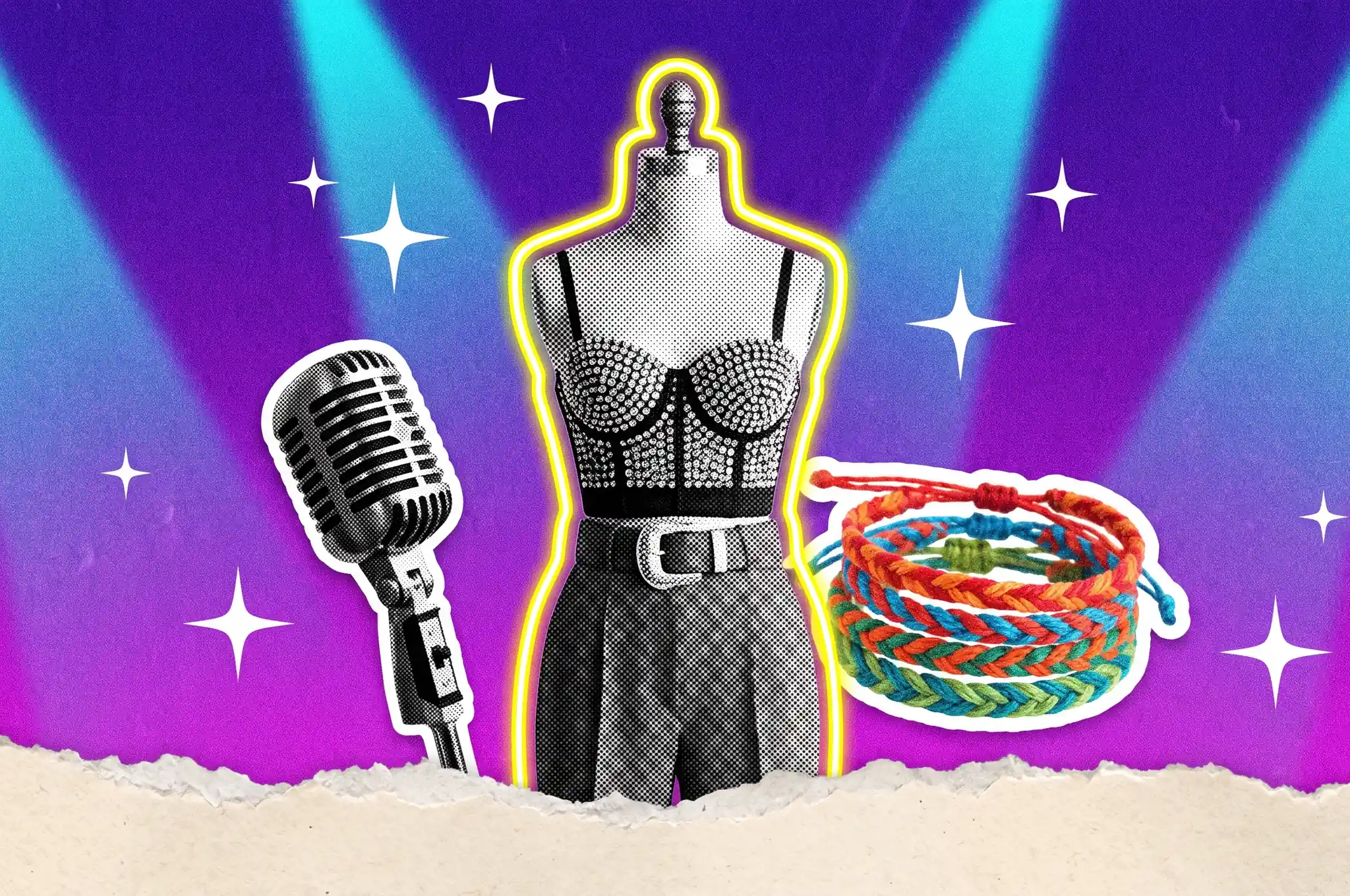 Ilustración de un maniquí con bustier de pedrería y pantalón de tiro alto con hebilla grande junto a un micrófono antiguo y pulseras de hilo